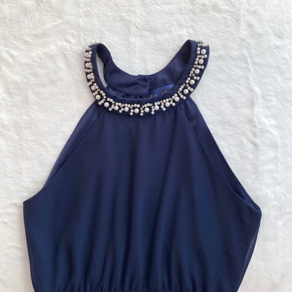 Francesca’s Collection Pearl High Neck Navy Dress in Size Large - Picture 3 of 16